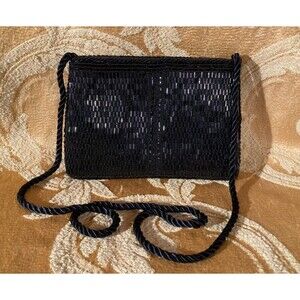 Vintage 90s Purse 1990s Black Beaded Art Deco Goth Glam Cocktail Fancy Retro Bag
